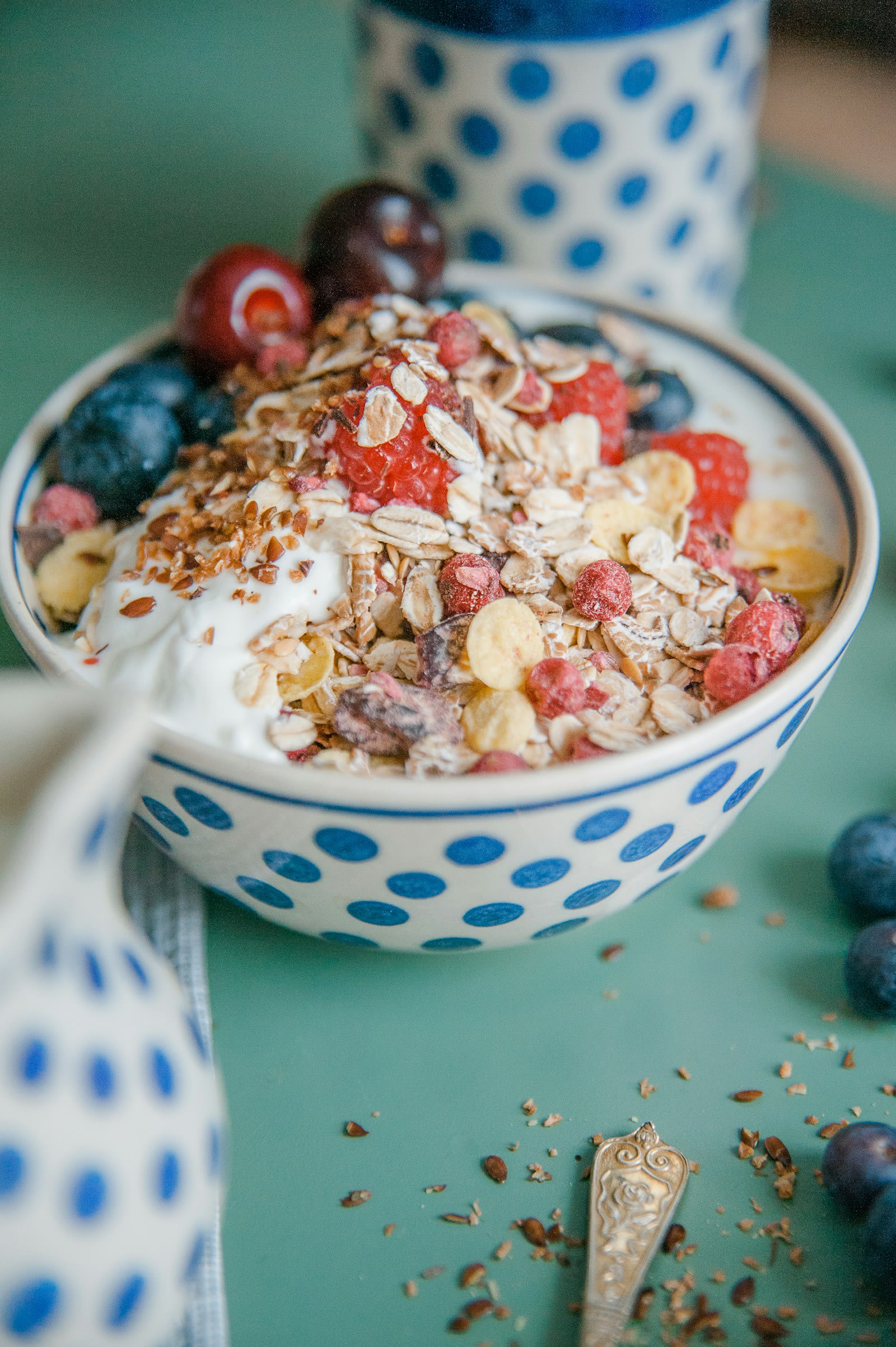 A bowl of yogurt with oats, berries and dried fruit